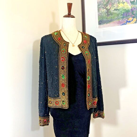 Laurence Kazar Jackets & Blazers - Vintage Evening Jacket XL Lawrence Kazar 100% Silk Beaded Black Gold Retro 90’s